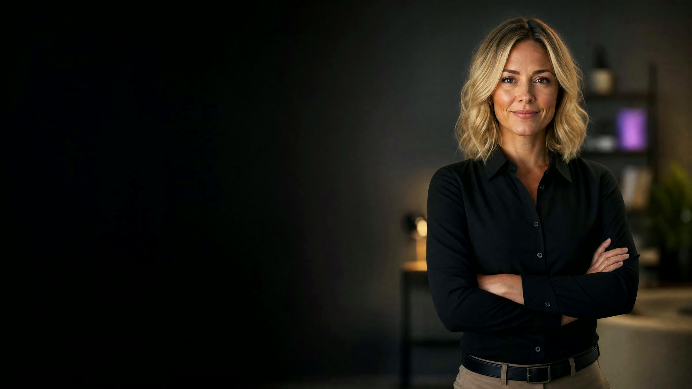 A confident local business owner stands with her arms folded in a softly lit modern office. The room behind her falls away into deep shadow, with a warm desk lamp and shelving reduced to a gentle blur.