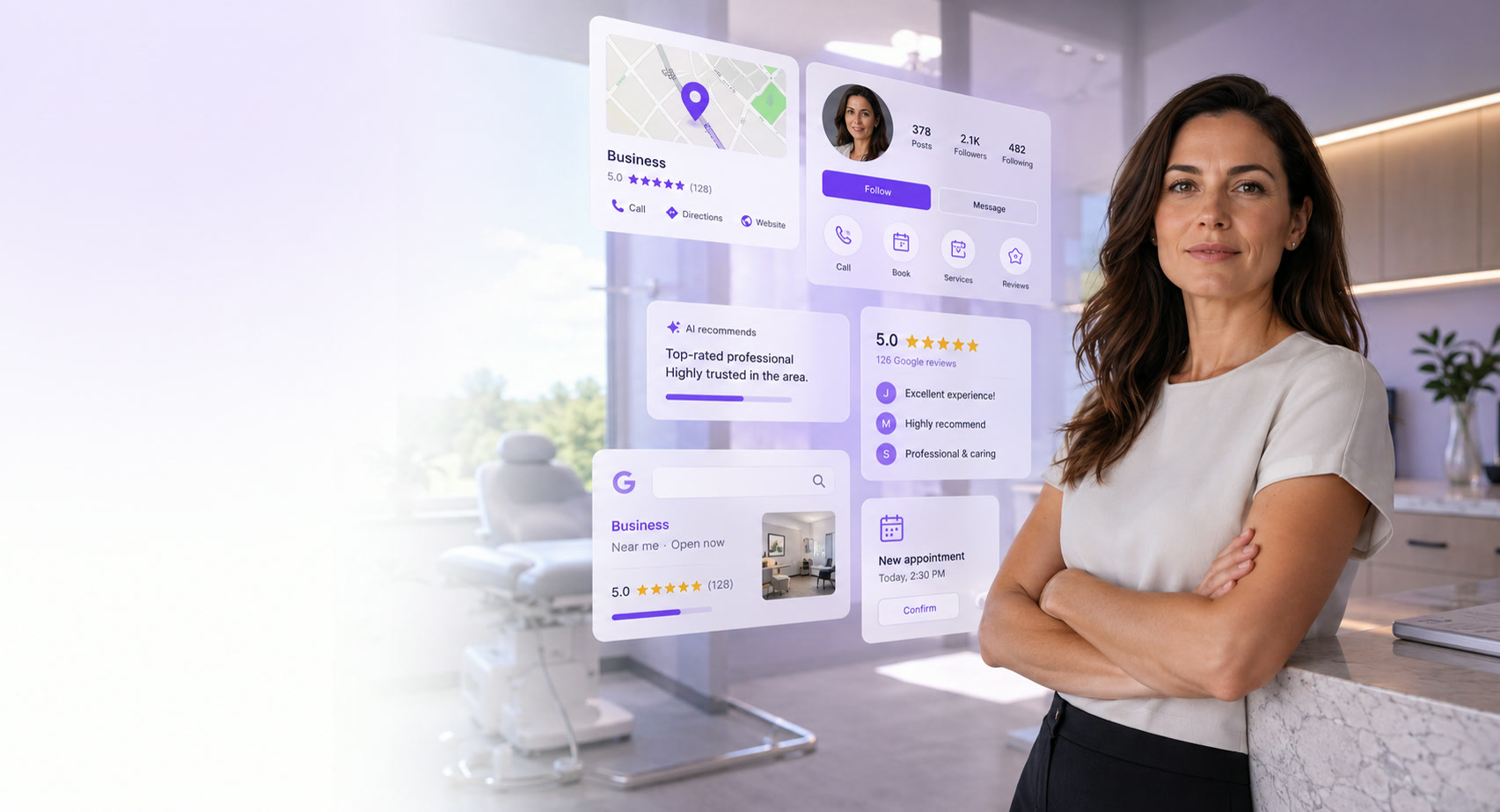 A confident local business owner, surrounded by floating interface cards showing her business listing on a map, her social profile, an AI recommendation, five-star reviews, and a new appointment.