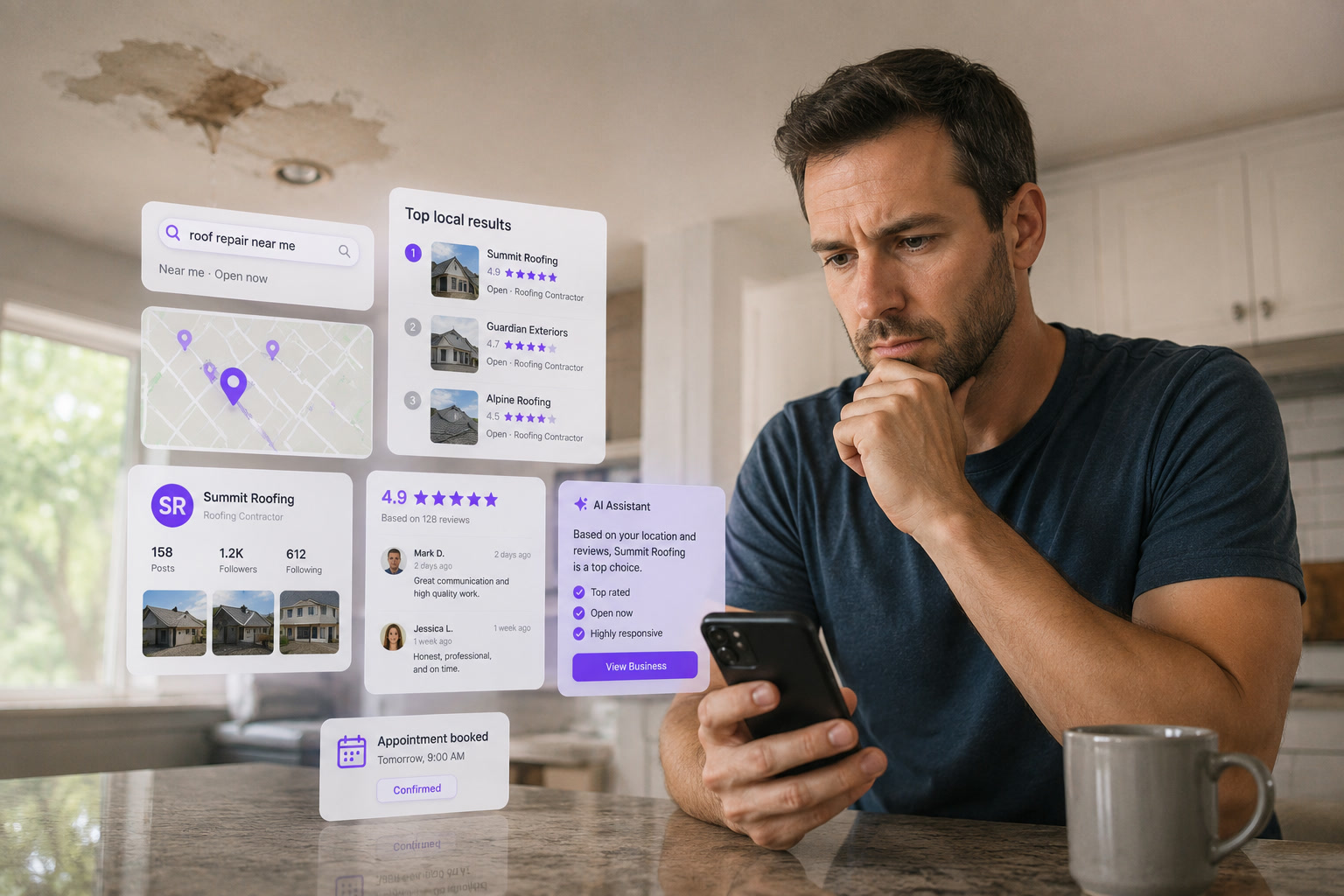 A homeowner at his kitchen counter frowning at his phone after a ceiling leak, surrounded by floating cards showing a "roof repair near me" search, ranked local roofers, their reviews, and an AI assistant naming a top choice.