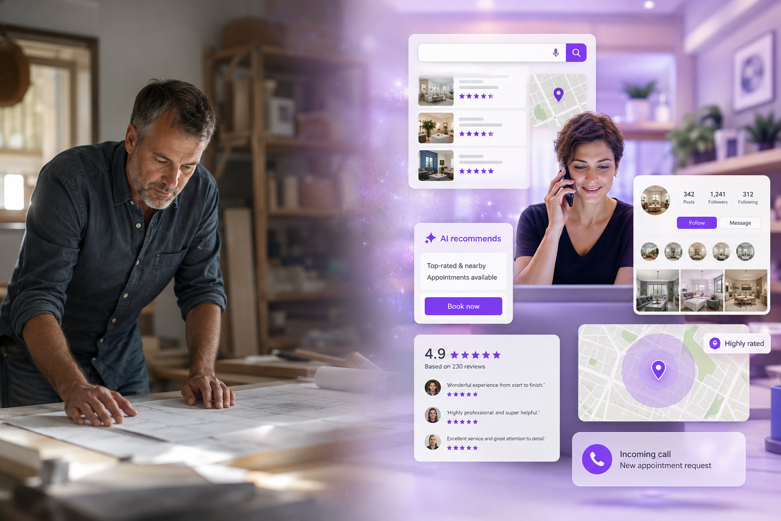 Split scene: on the dim left, a craftsman works alone over his plans; on the lit right, a competitor takes a booking call surrounded by search results, reviews, an AI recommendation and an incoming appointment request.