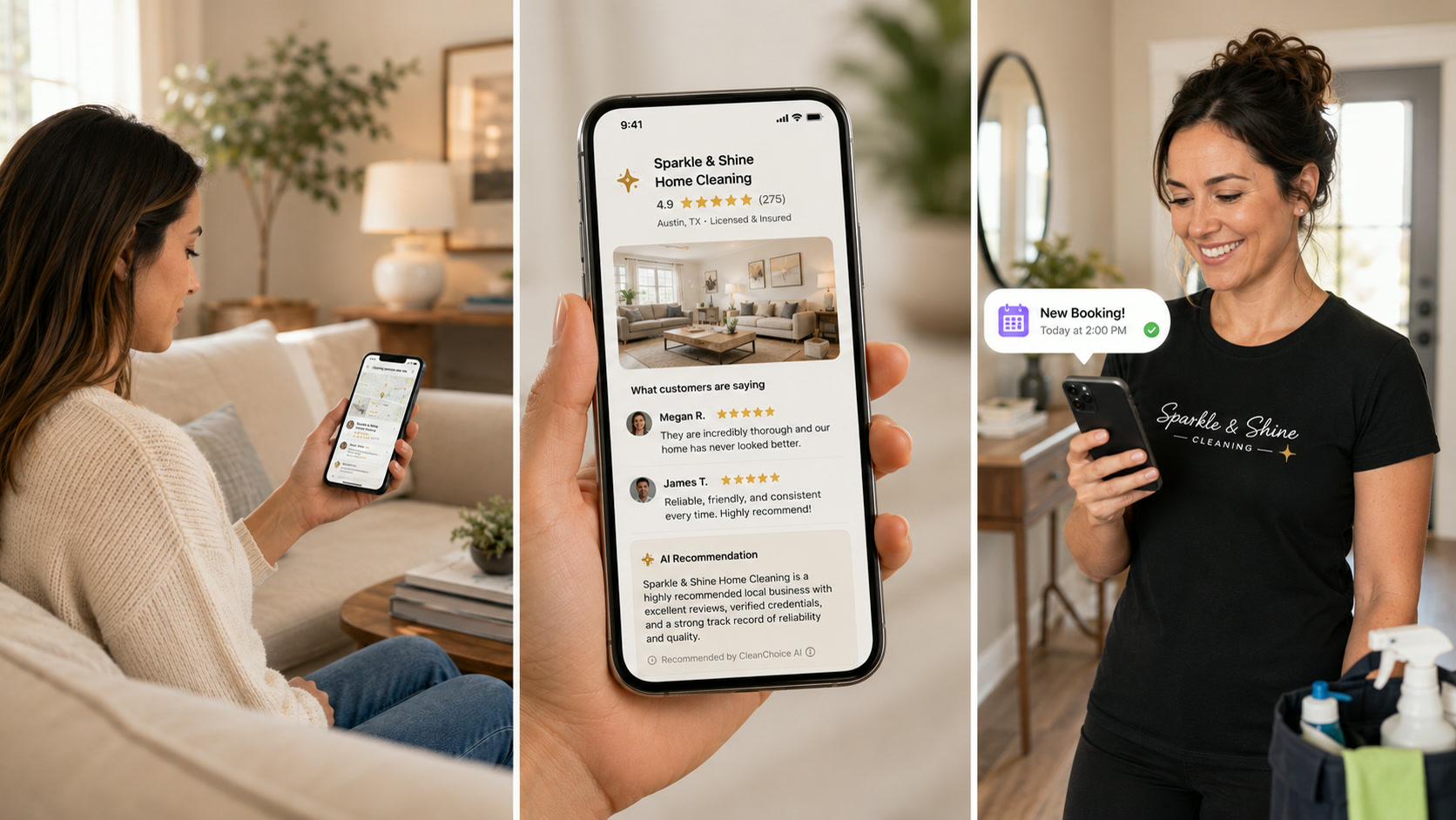 Three panels following one customer: a woman searching on her phone at home, a close-up of a cleaning company's listing with reviews and an AI recommendation, and the business owner smiling at a new booking notification.