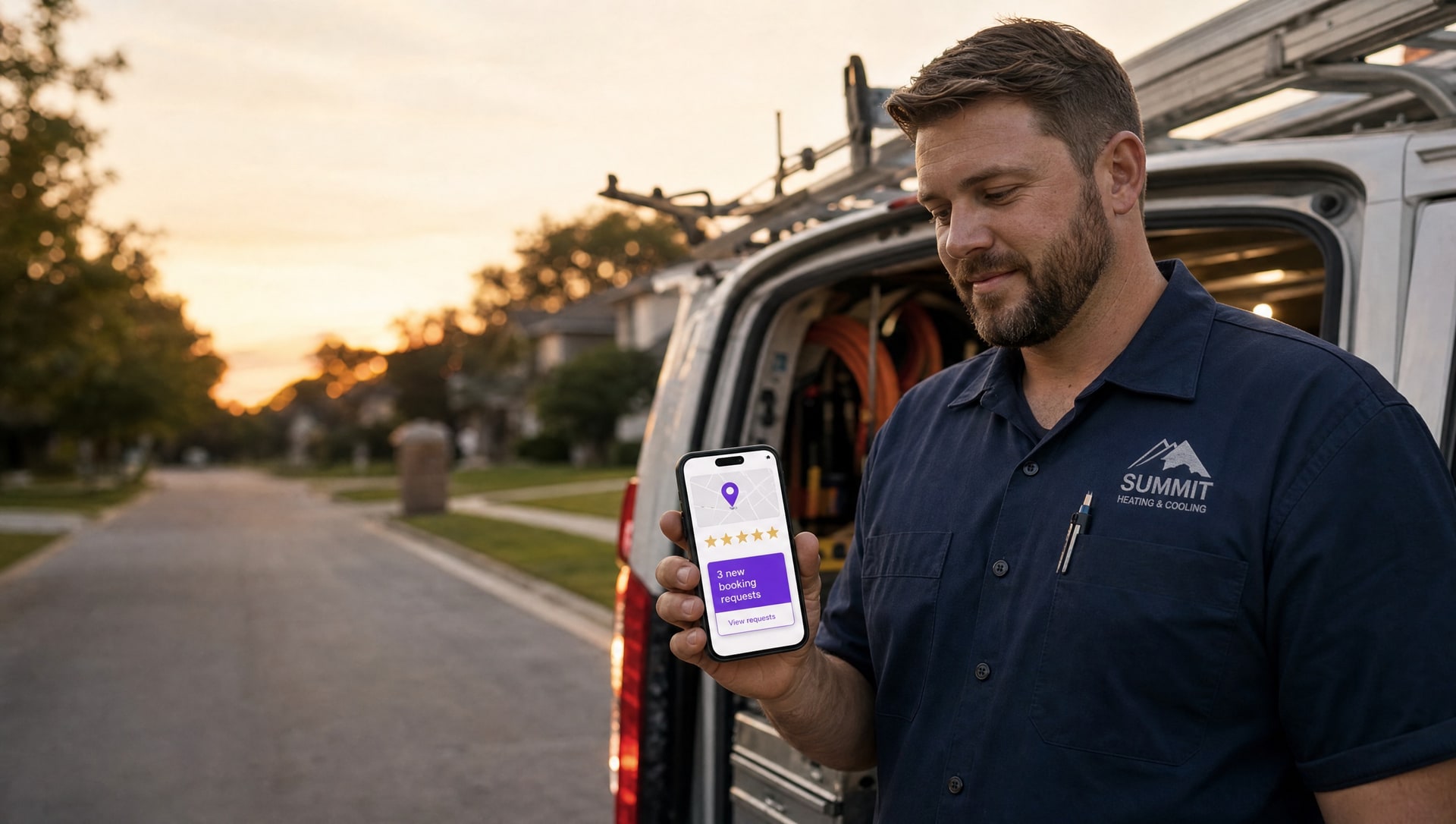 An HVAC technician standing at the open back of his work van at dusk, reading his phone as it shows a five-star rating and three new booking requests.