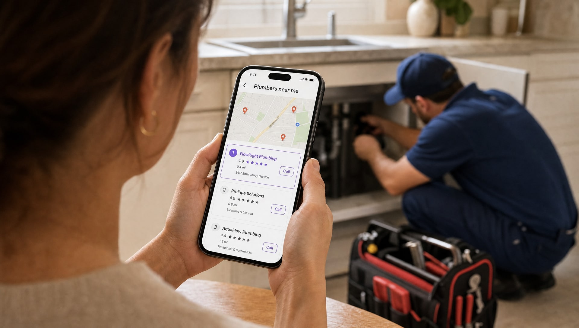 A plumber in work clothes checking a phone showing his business listed on a local search results map.