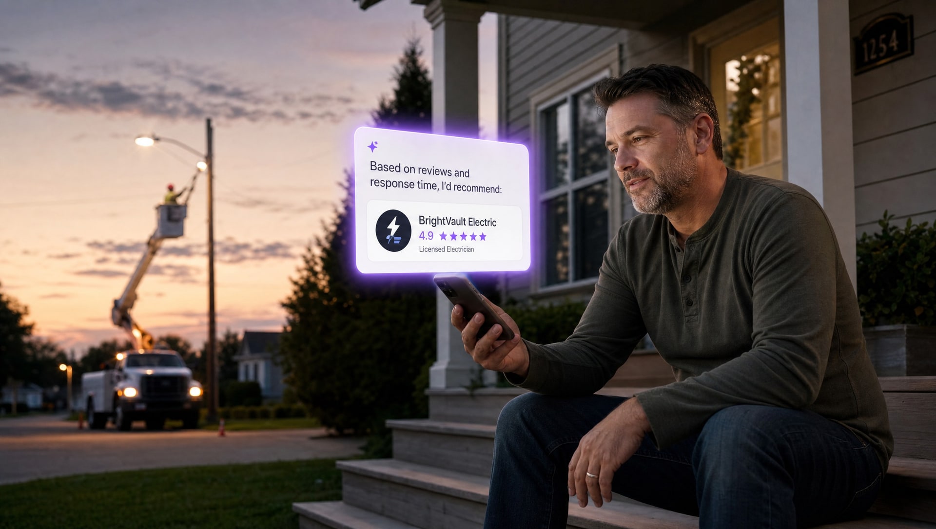 An electrician looking at a tablet where an AI assistant recommends a local electrical business.