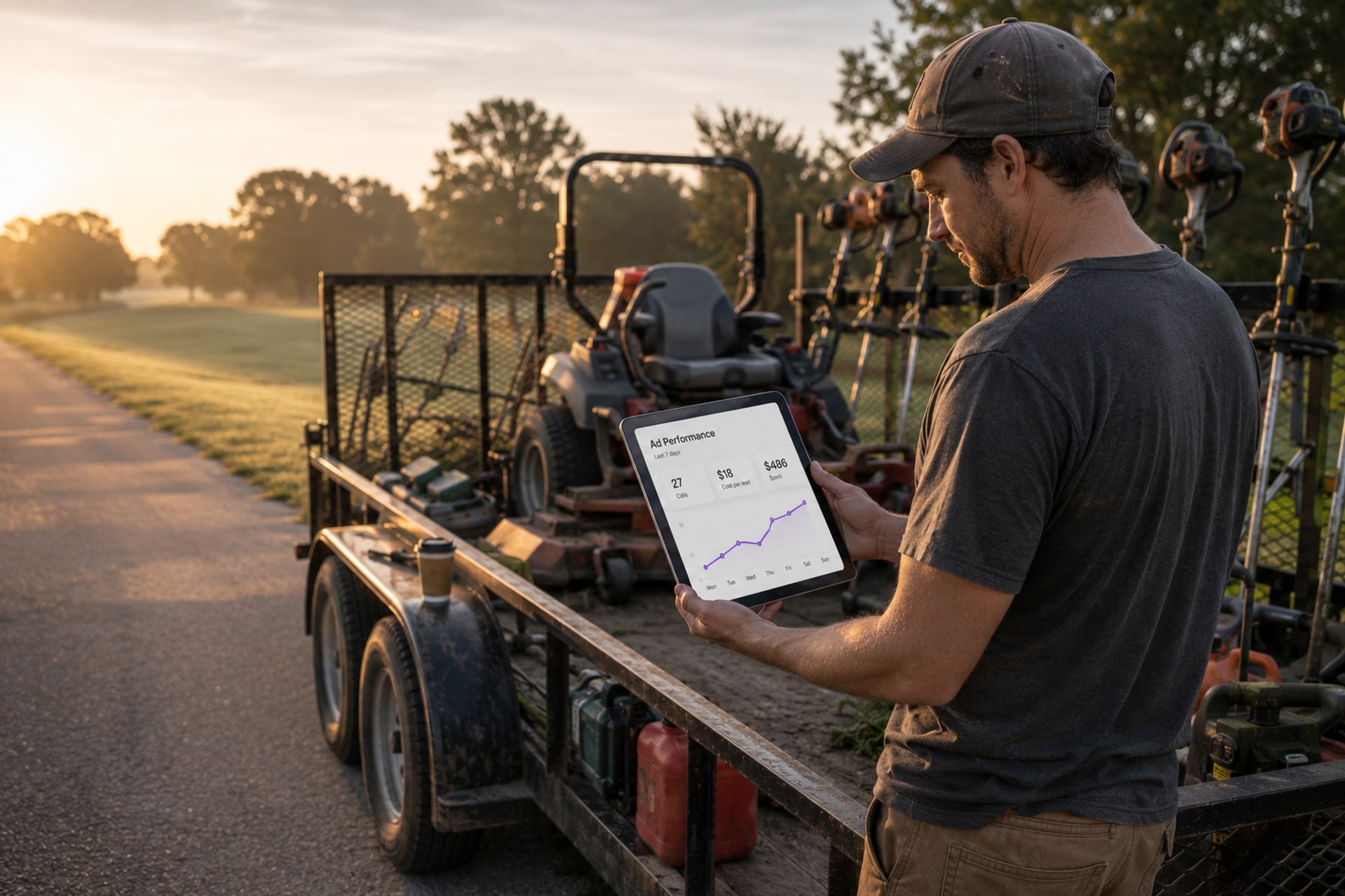 A landscaping business owner standing in front of a loaded equipment trailer, holding a tablet showing an ad performance dashboard with calls and cost per lead.