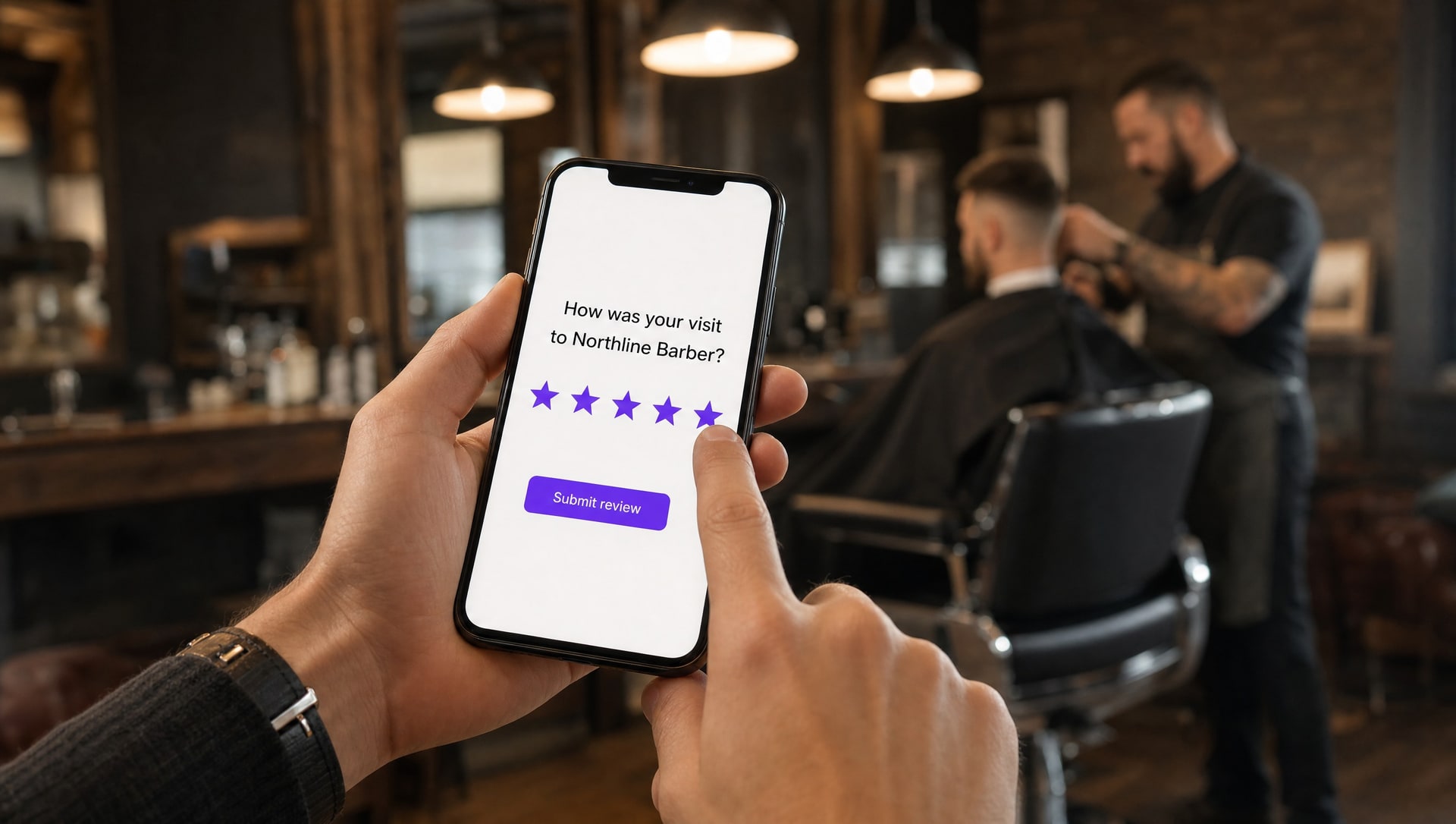 A barber in his shop reading a five-star customer review on his phone, with the barbershop signage behind him.