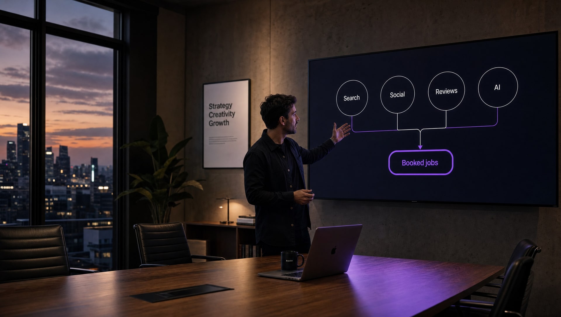 A marketing strategist presenting to a screen in a darkened office, showing a diagram where search, social, reviews and AI all feed into booked jobs.