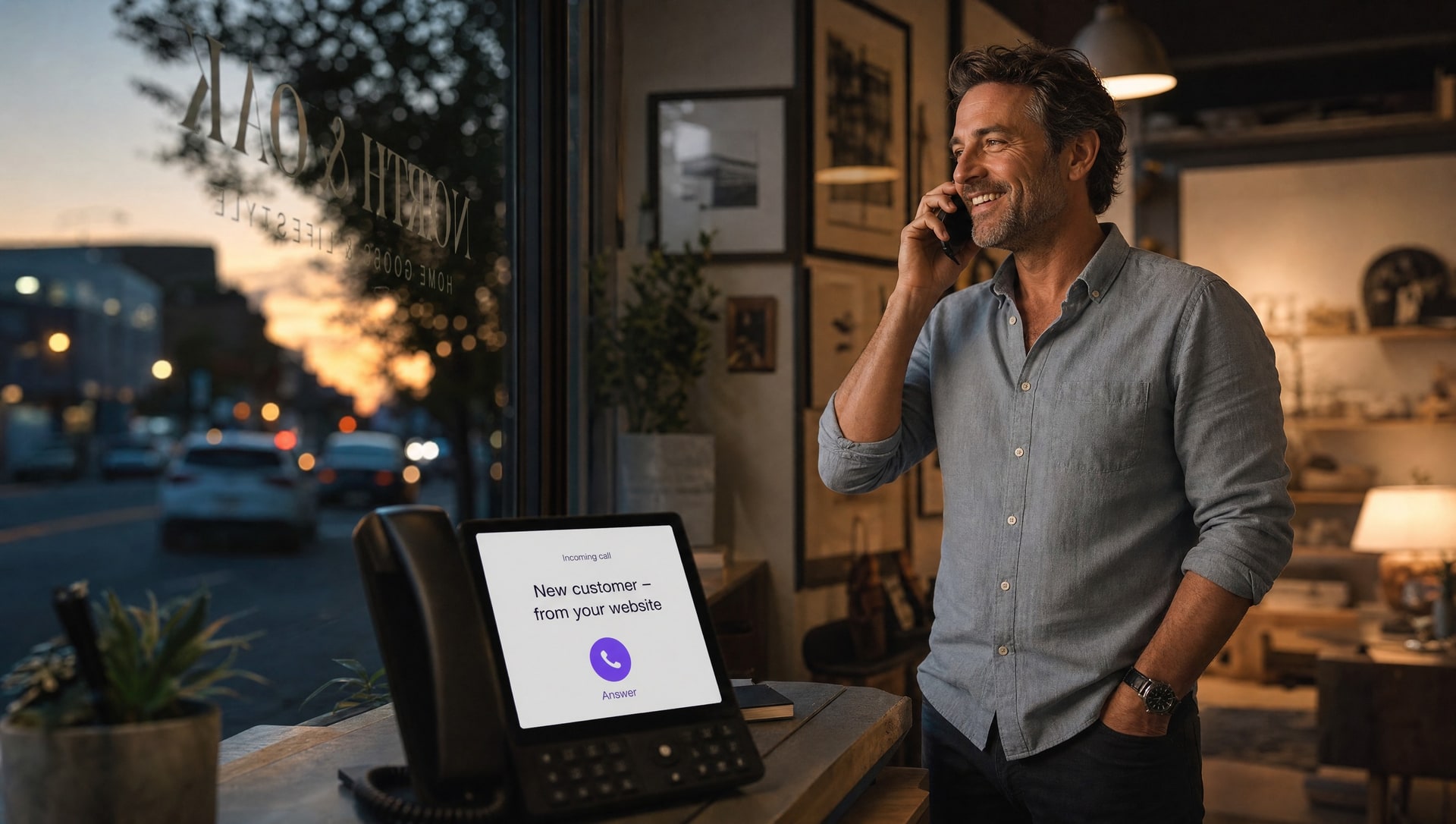 A shop owner taking a call in his store at dusk, while a desk phone in the foreground shows an incoming call from a new customer who found him through the website.