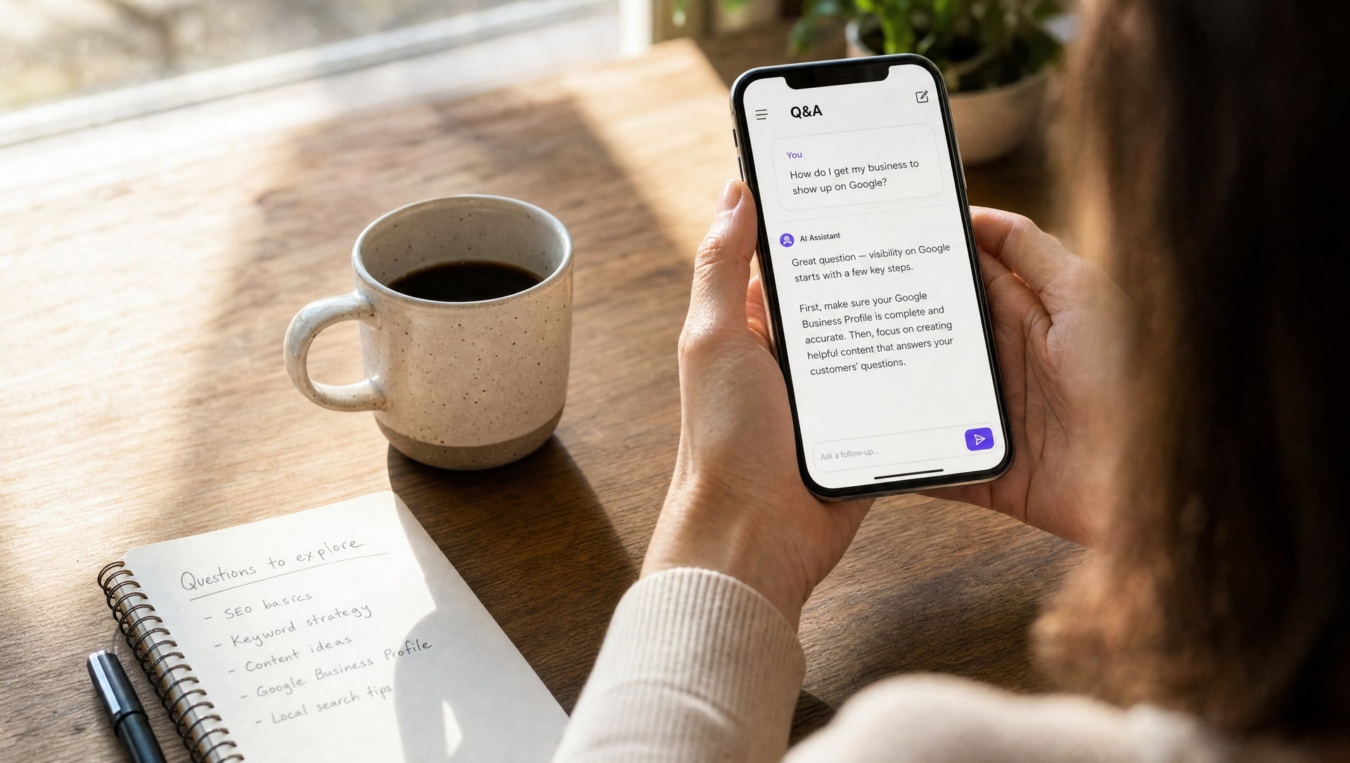 A business owner at a sunlit table holding a phone, reading an answer to the question of how to get her business to show up on Google, beside a notebook of questions to explore.