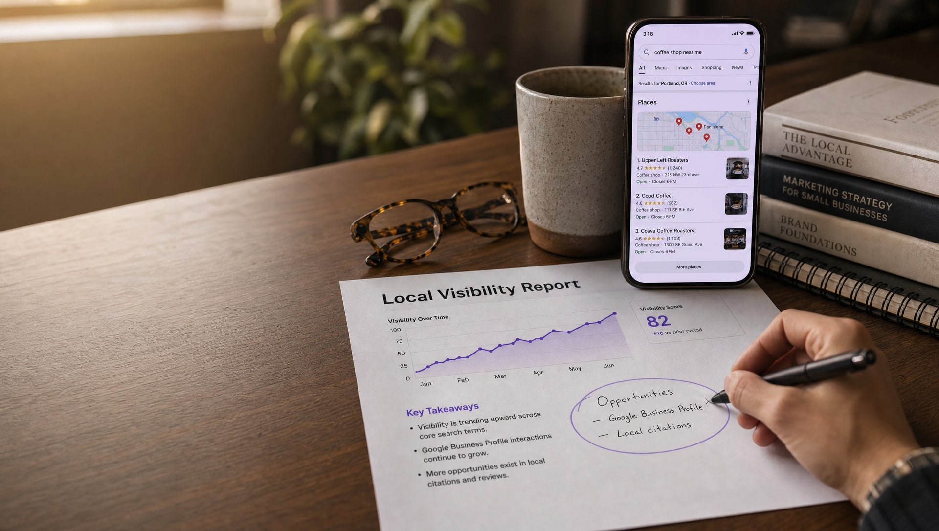 A printed local visibility report on a desk showing a rising trend line, with a hand circling opportunities in Google Business Profile and local citations, next to a phone displaying a nearby-business search.