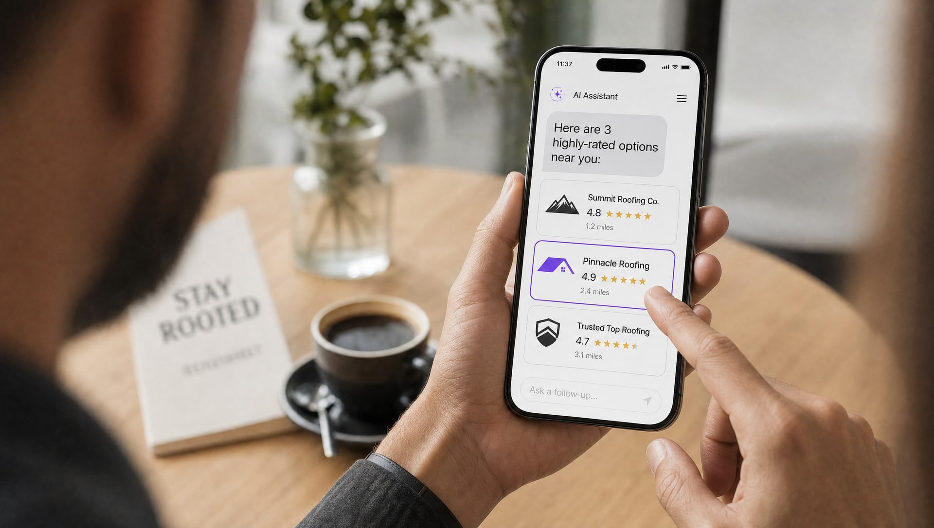 Over-the-shoulder view of a man in a cafe holding a phone, where an AI assistant has answered his question with three highly-rated local roofing companies and he taps the middle one.