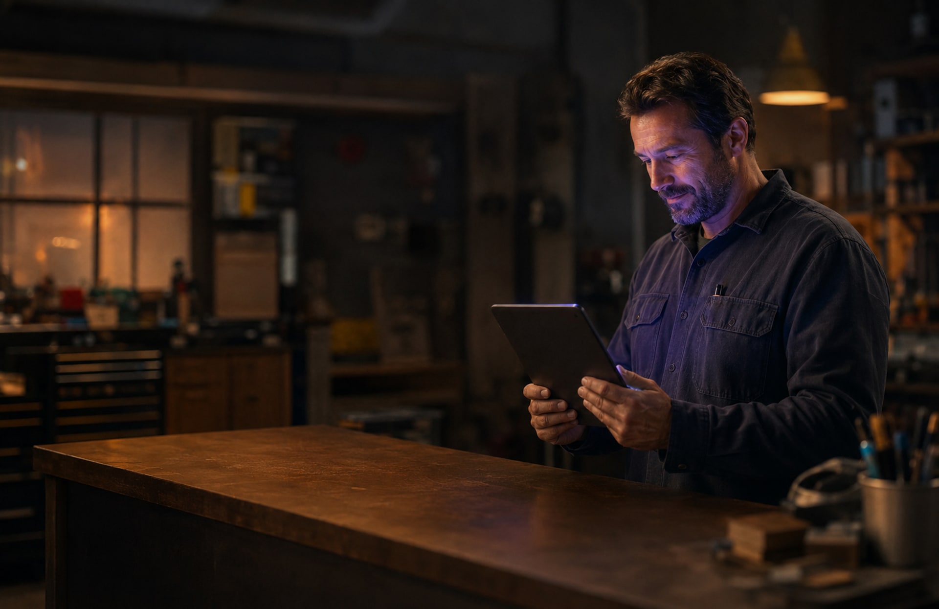 A tradesman in his workshop at night, leaning on the counter and reading a tablet, its screen lighting his face.
