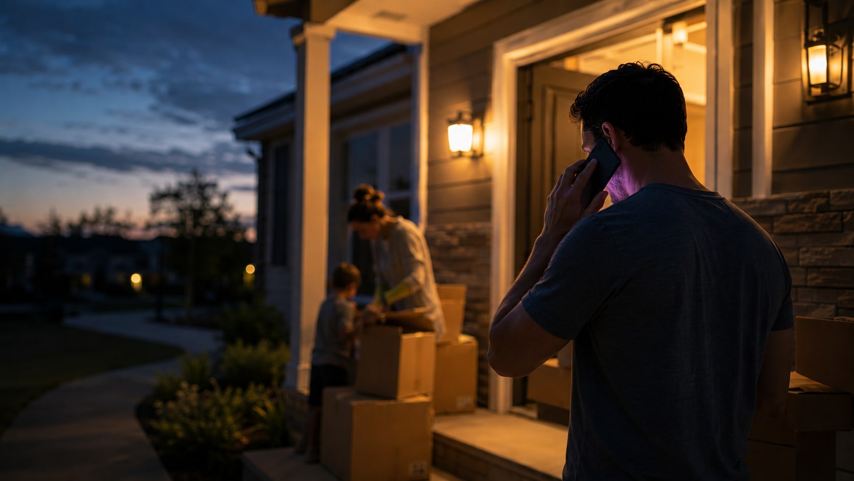 A young family on the porch of their just-moved-into house at dusk, moving boxes by the open door, one parent standing with their back to us holding a phone to their ear, its glow on their cheek.