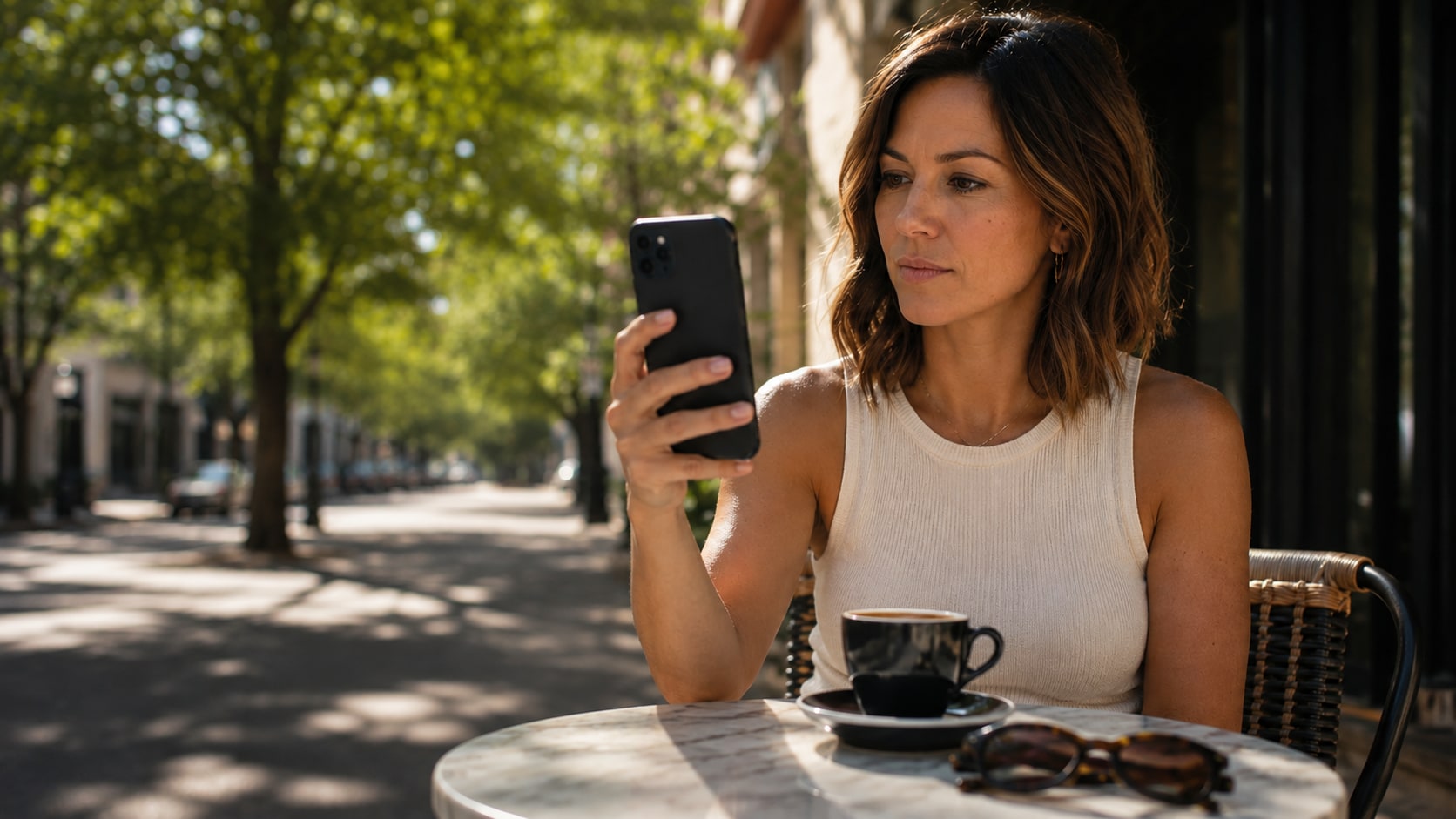 A woman at a sunlit café patio table holding her phone up with its back to us, espresso beside her, a leafy street softly blurred behind her, deciding where to book.