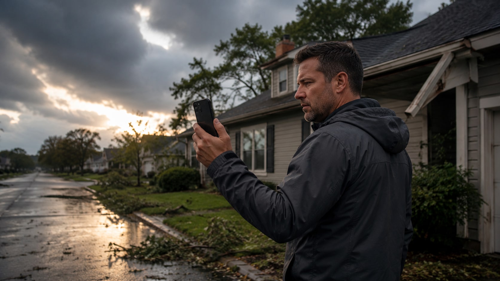 A homeowner standing in his wet driveway the morning after a storm, small branches scattered around him, holding his phone up with its back to us under a dramatic clearing sky.