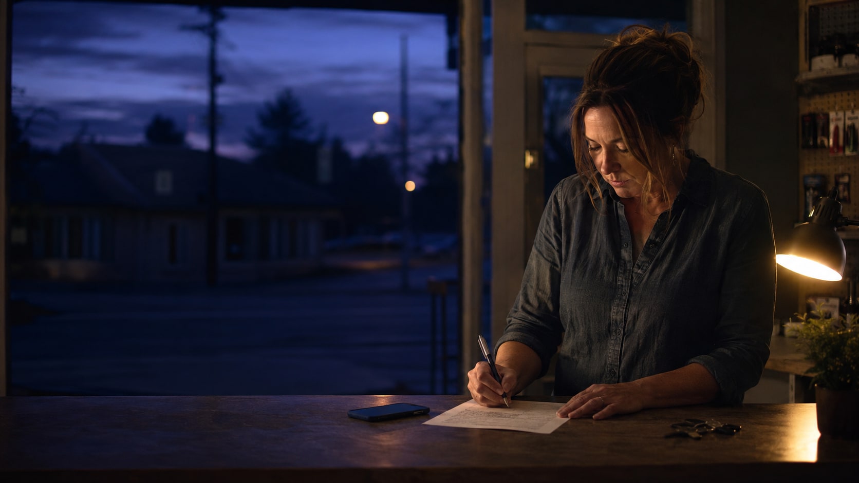 The owner of a small service business stands at her front counter at dusk, working down a printed checklist with a pen. Her phone lies face-down beside the sheet, and a warm desk lamp lights her hands against the deep blue evening light in the window.