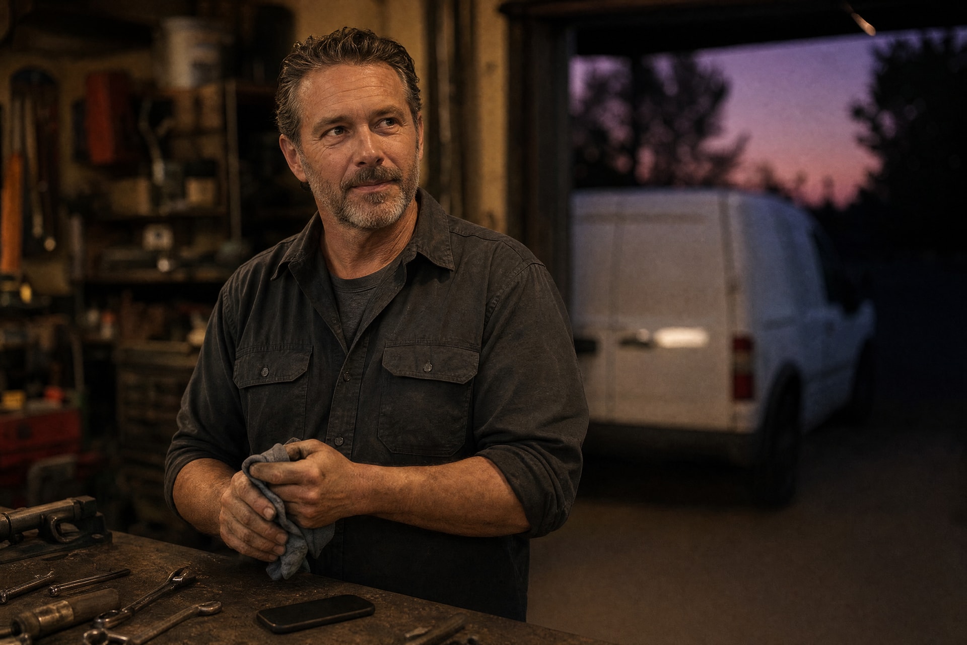 A service business owner at his workbench in a garage at dusk, wiping his hands on a rag, a phone lying face-down beside the tools, warm light spilling in from the open bay door.