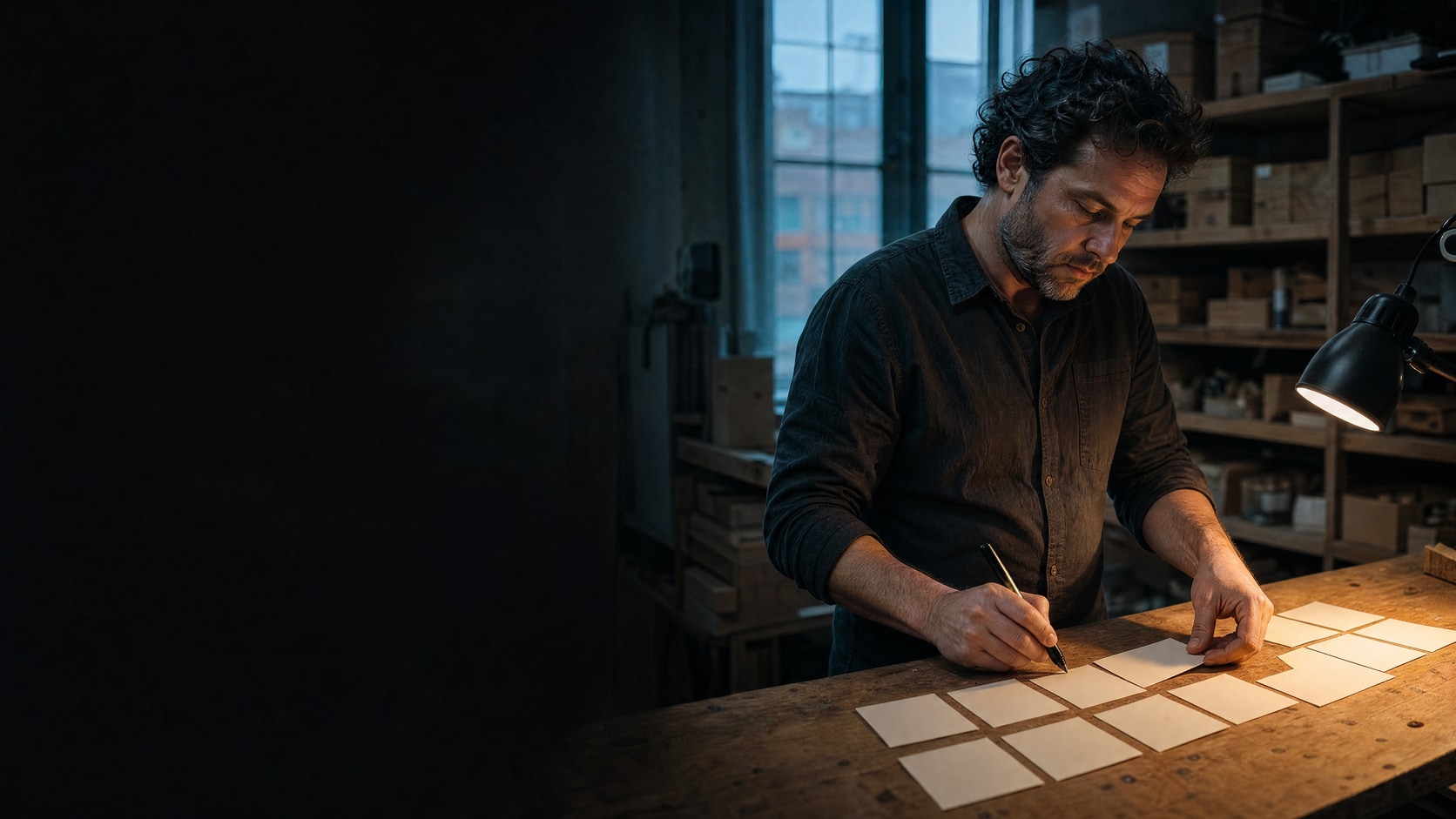 A small business owner leans over a long wooden workbench in the back room of his shop early in the morning, laying out a row of blank cards into a weekly grid with a pen in his hand. A warm work lamp lights his hands and face against the cool blue dawn coming through the window behind him, with shelves of stock boxes in the shadows.