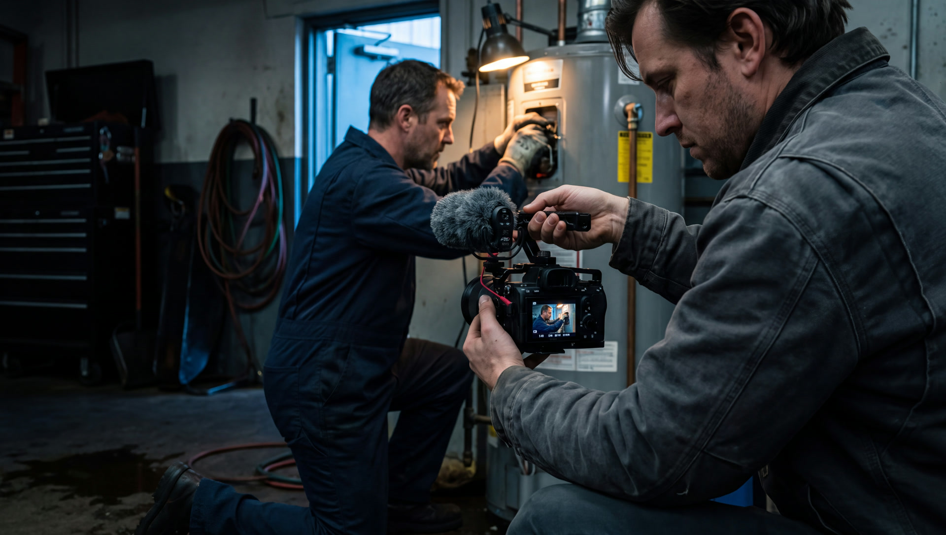 A videographer capturing b-roll of a technician at work in a service bay, using a compact mirrorless camera rigged with a top handle and shotgun microphone, its flip-out screen showing the framed shot.