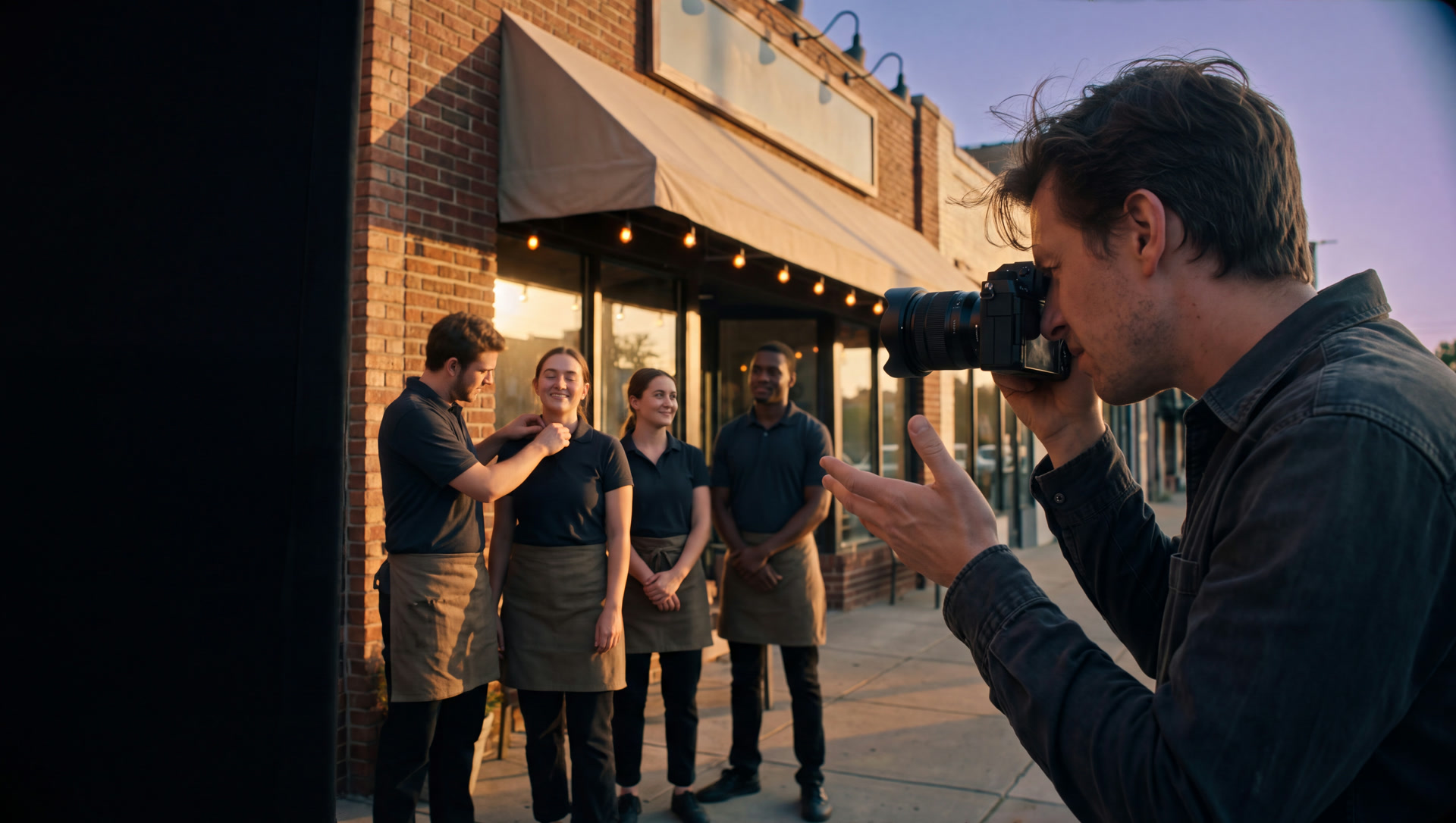 A photographer raising a compact mirrorless camera to one eye, directing a small business team lined up outside their brick storefront at golden hour while one teammate straightens another’s collar.