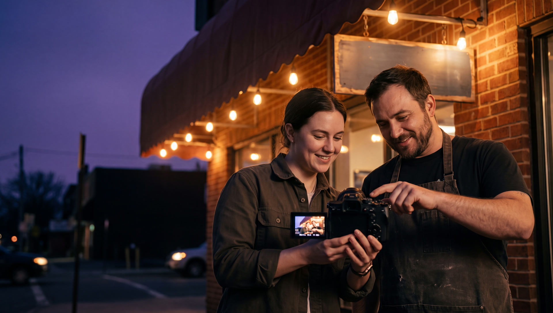 A photographer and a shop owner smiling over the camera's flip-out screen outside the shop at dusk, reviewing the photos they just made under glowing string lights.