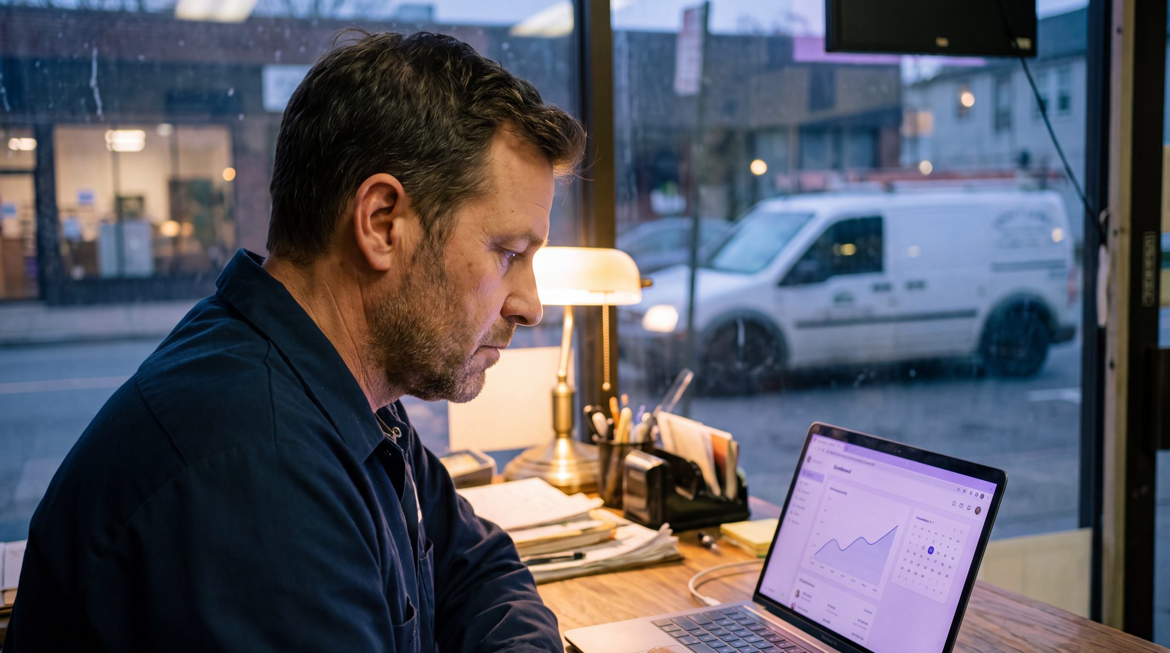 A service business owner at his shop counter at dusk, reading the month's report on a laptop while his van waits outside.