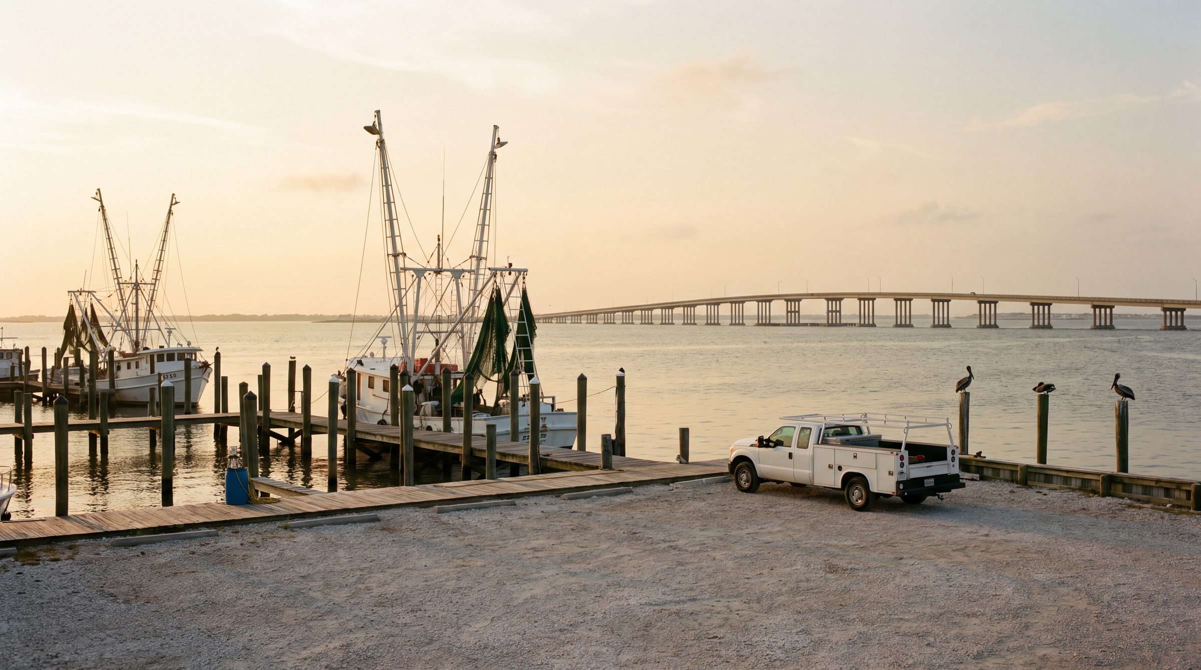 Shrimp boats and a service truck at a Gulf Coast marina at golden hour, with the causeway bridge across the bay behind them.