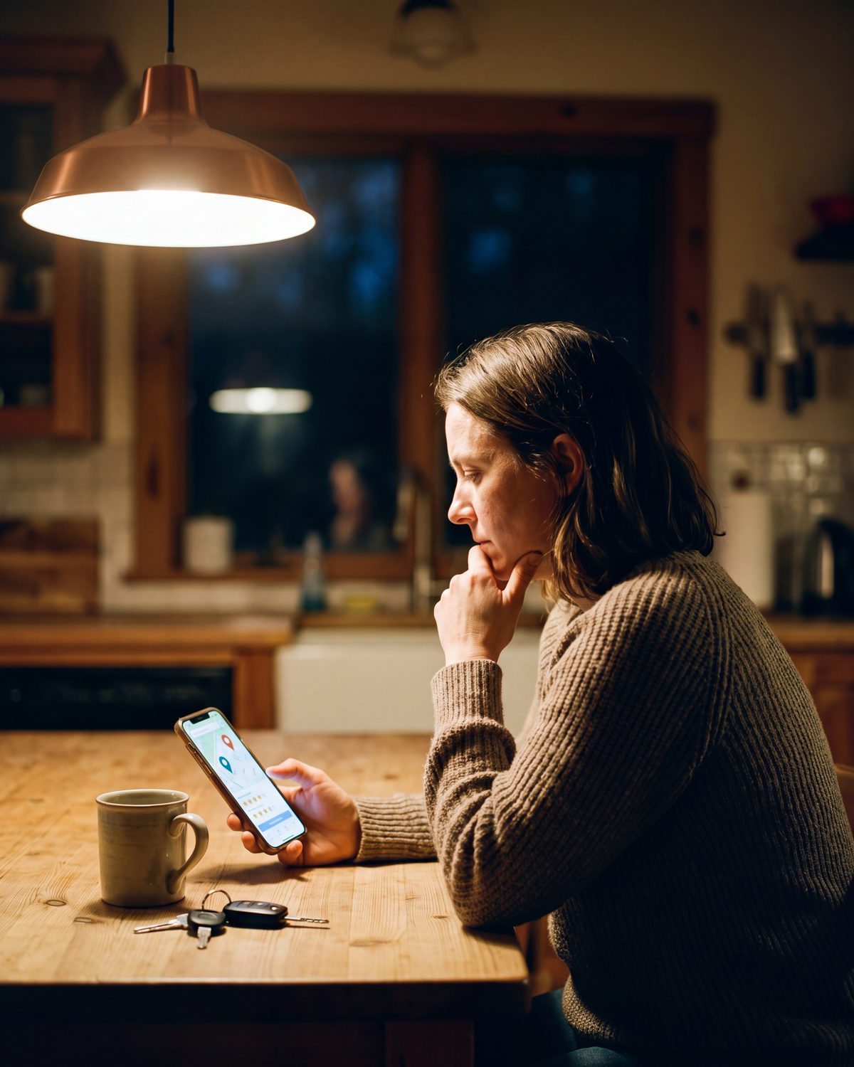A woman at her kitchen table at night, phone in hand, choosing between local businesses on a map.