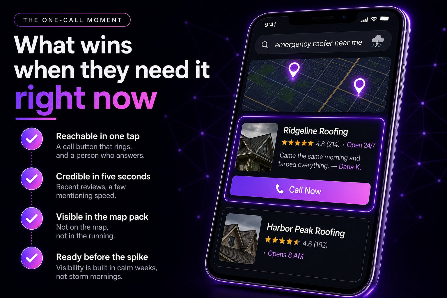 A two-panel infographic titled 'The one-call moment.' The left panel lists what wins when a customer needs help right now: reachable in one tap, credible in five seconds, visible in the map pack, and ready before the spike. The right panel shows a smartphone with an 'emergency roofer near me' search, a map with two glowing pins, a highlighted roofing listing with a recent review and a large Call Now button, and a second listing that doesn't open until morning.