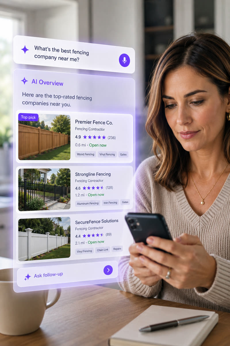 A woman at her kitchen table asking her phone which fencing company is best nearby, with an AI overview floating beside her listing local contractors and marking a top pick.