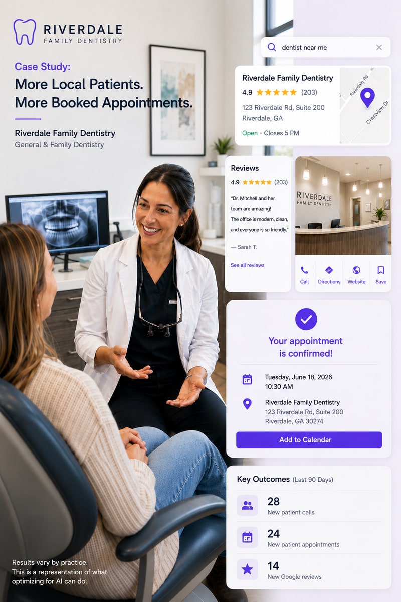A dentist talking with a patient in a treatment chair, beside a mock-up of a "dentist near me" search showing the practice listing, its reviews, and a confirmed appointment.