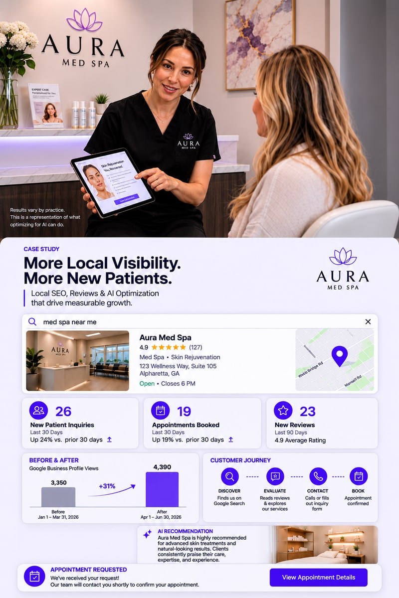 An aesthetician showing a client a treatment page on a tablet at a med spa reception desk, beside a mock-up of a "med spa near me" search showing the business listing and booking request.