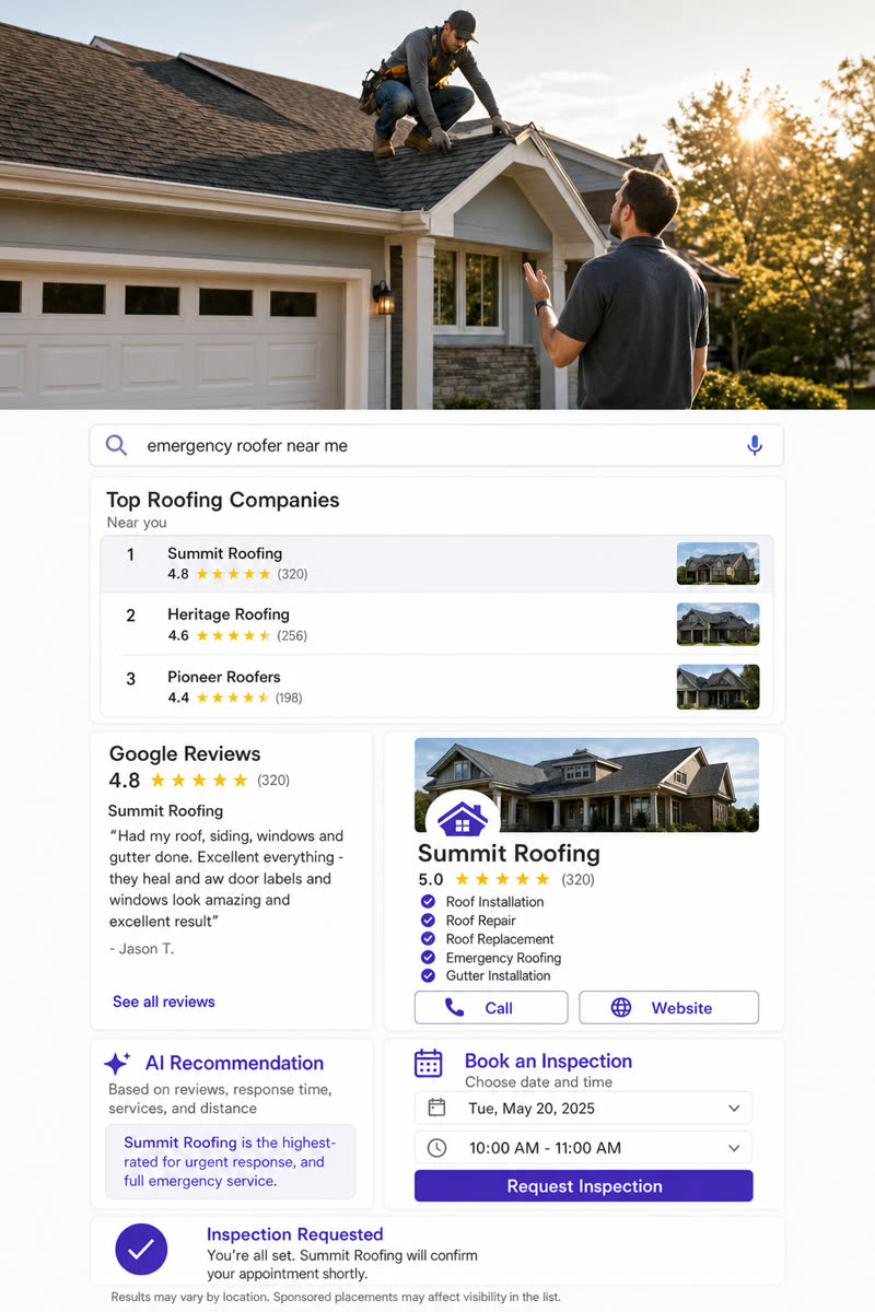 A roofer working on a house roof while the homeowner looks up from the driveway, beside a mock-up of an "emergency roofer near me" search listing nearby roofing companies.