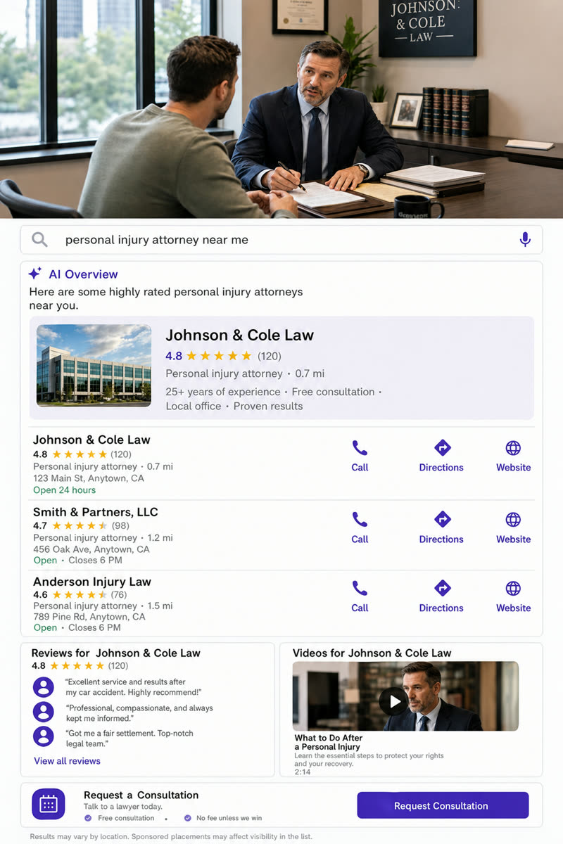 An attorney meeting a client across a desk in his office, beside a mock-up of a "personal injury attorney near me" search with an AI overview recommending nearby firms.