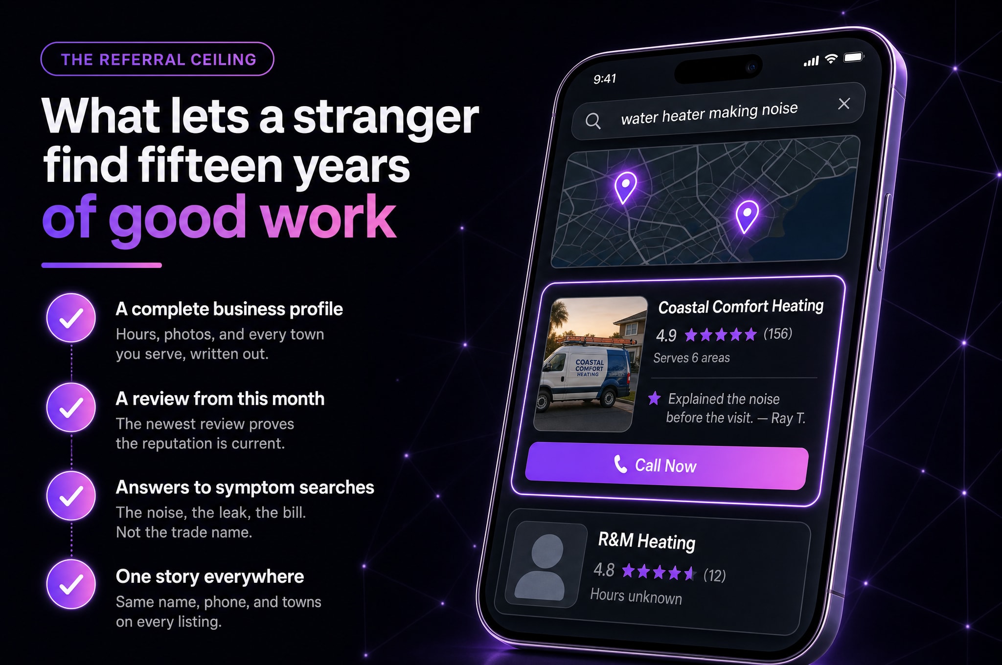A two-panel infographic titled 'The referral ceiling.' The left panel lists the four parts of the record that let a stranger find fifteen years of good work: a complete business profile, a review from this month, answers to symptom searches, and one story everywhere. The right panel shows a smartphone searching 'water heater making noise' over a map, with a highlighted result card for a fictional heating company — van photo, star rating, served areas, a fresh review quote, and a Call Now button — above a dimmer competitor card with no photo and unknown hours.