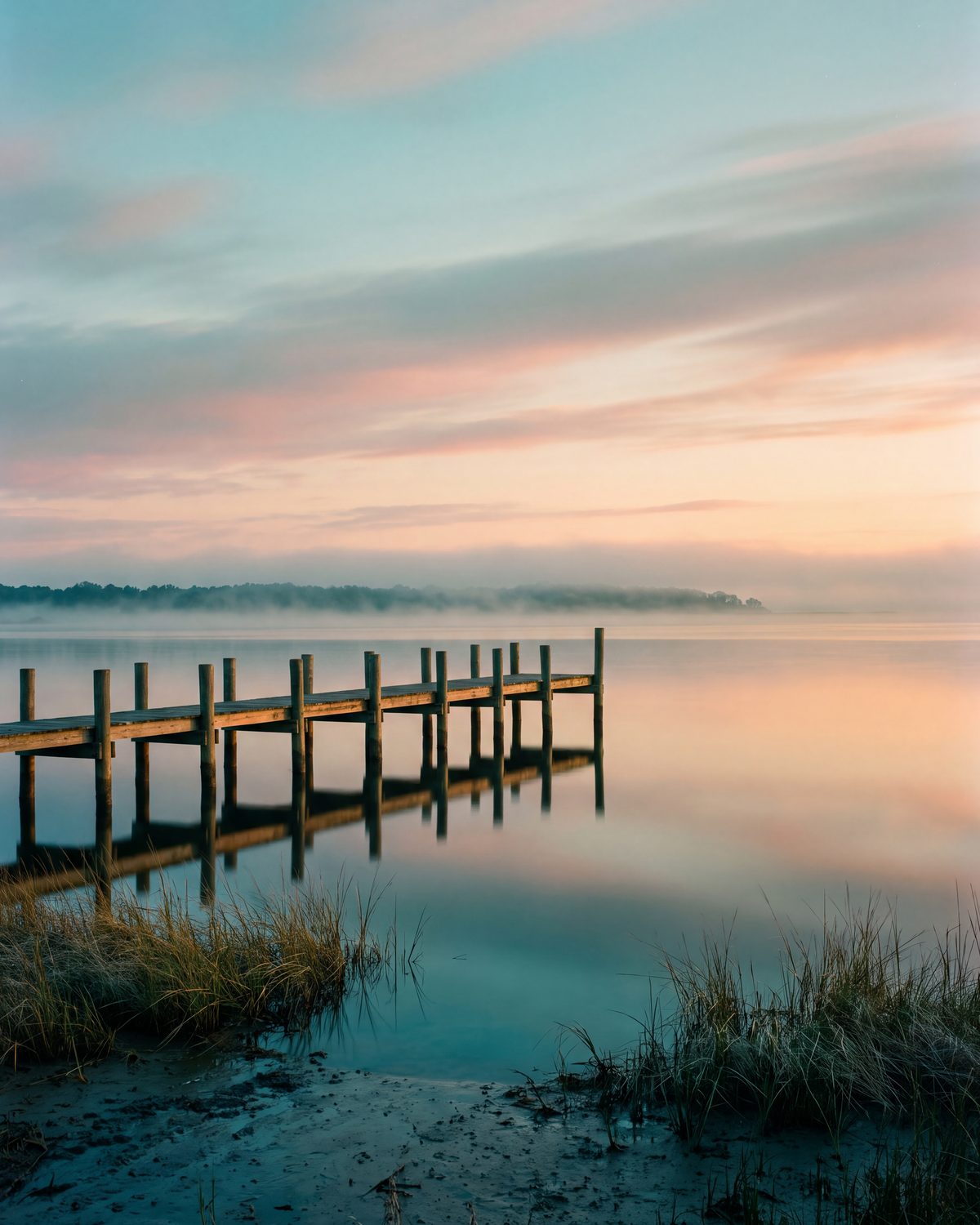 Illustration of a still bay at dawn with a wooden pier mirrored in the water.