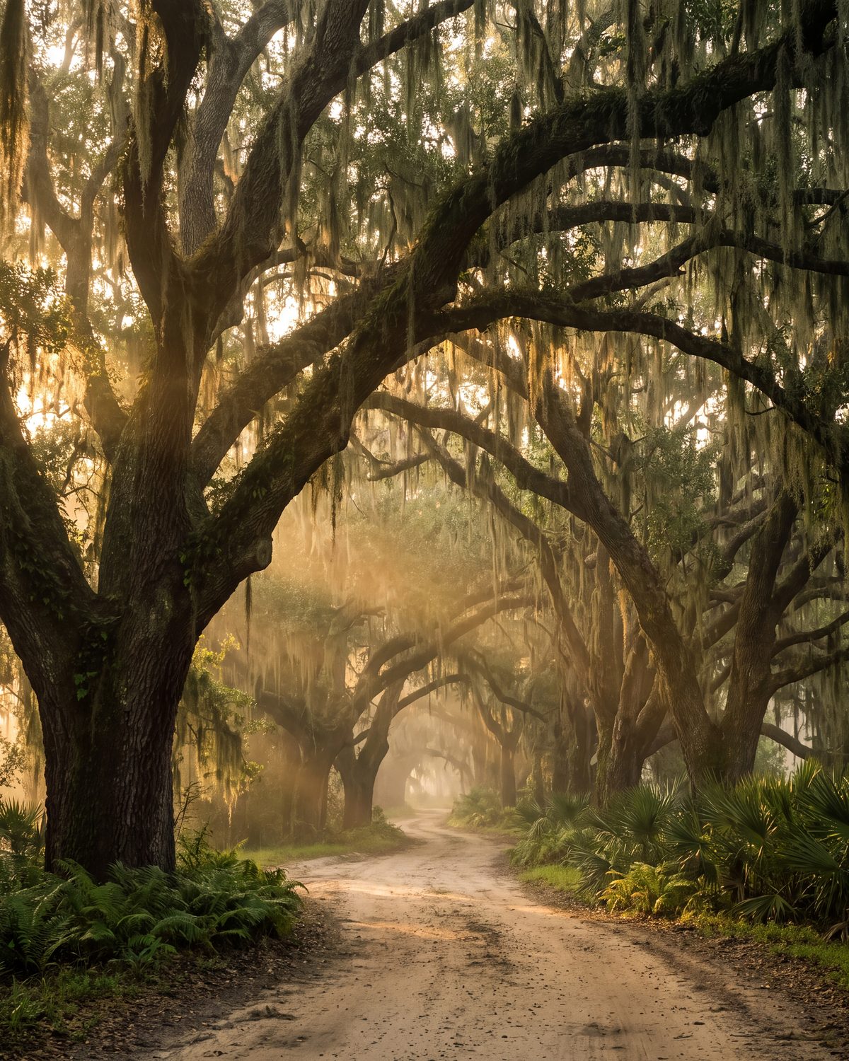 Illustration of a lane under live oaks hung with Spanish moss in morning light.