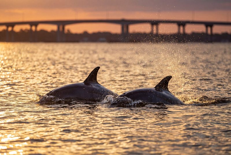 Two bottlenose dolphins surfacing together in gold water at sunrise with a bridge silhouetted behind.