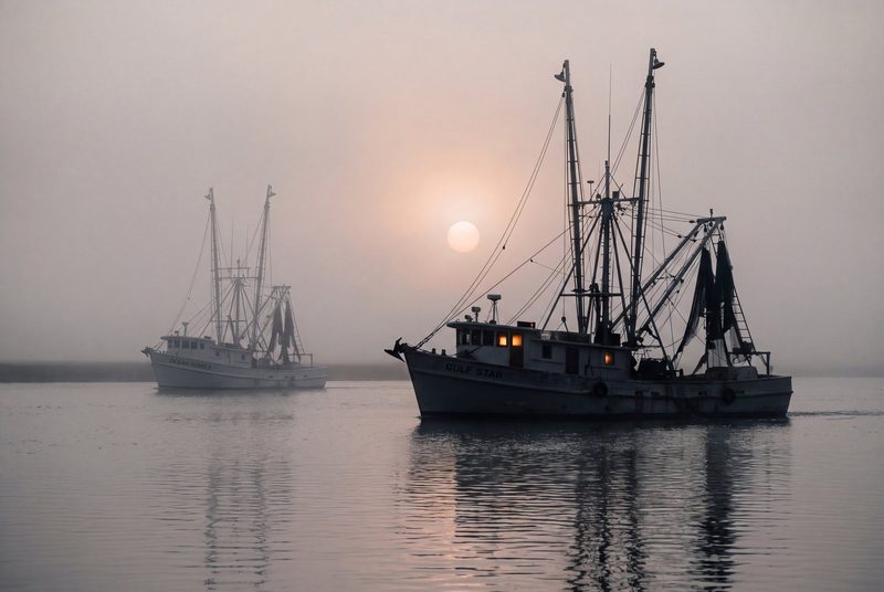Two shrimp trawlers with outriggers raised, receding into dawn fog with the sun a pale disc behind them.
