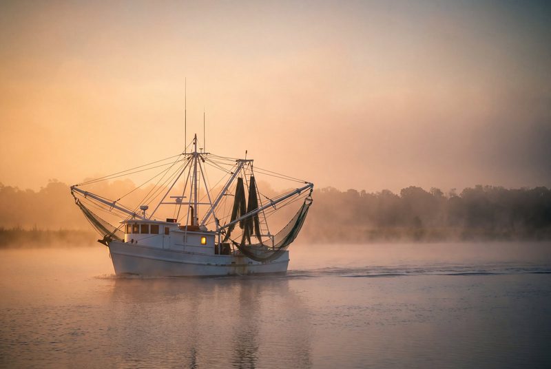A single shrimp trawler passing through golden dawn fog with its nets hung to dry.