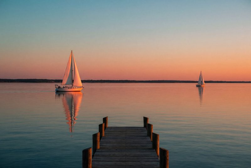 Two sailing sloops far apart on a glassy bay at sunset, their sails lit warm and mirrored in the water.
